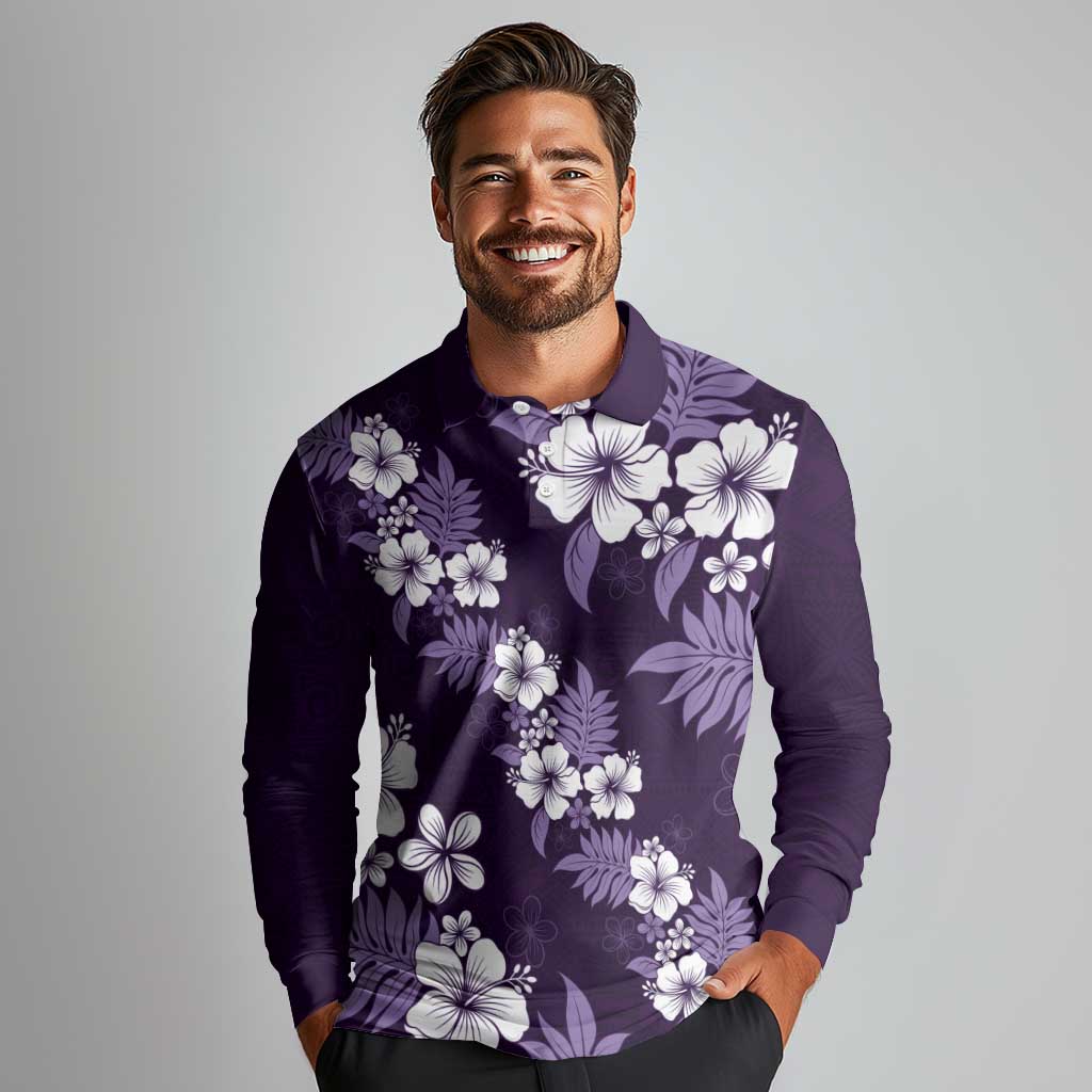 Hawaiian Hibiscus Tribal Floral Purple Long Sleeve Polo Shirt Polynesian Tapa Pattern LT01 - Polynesian Pride