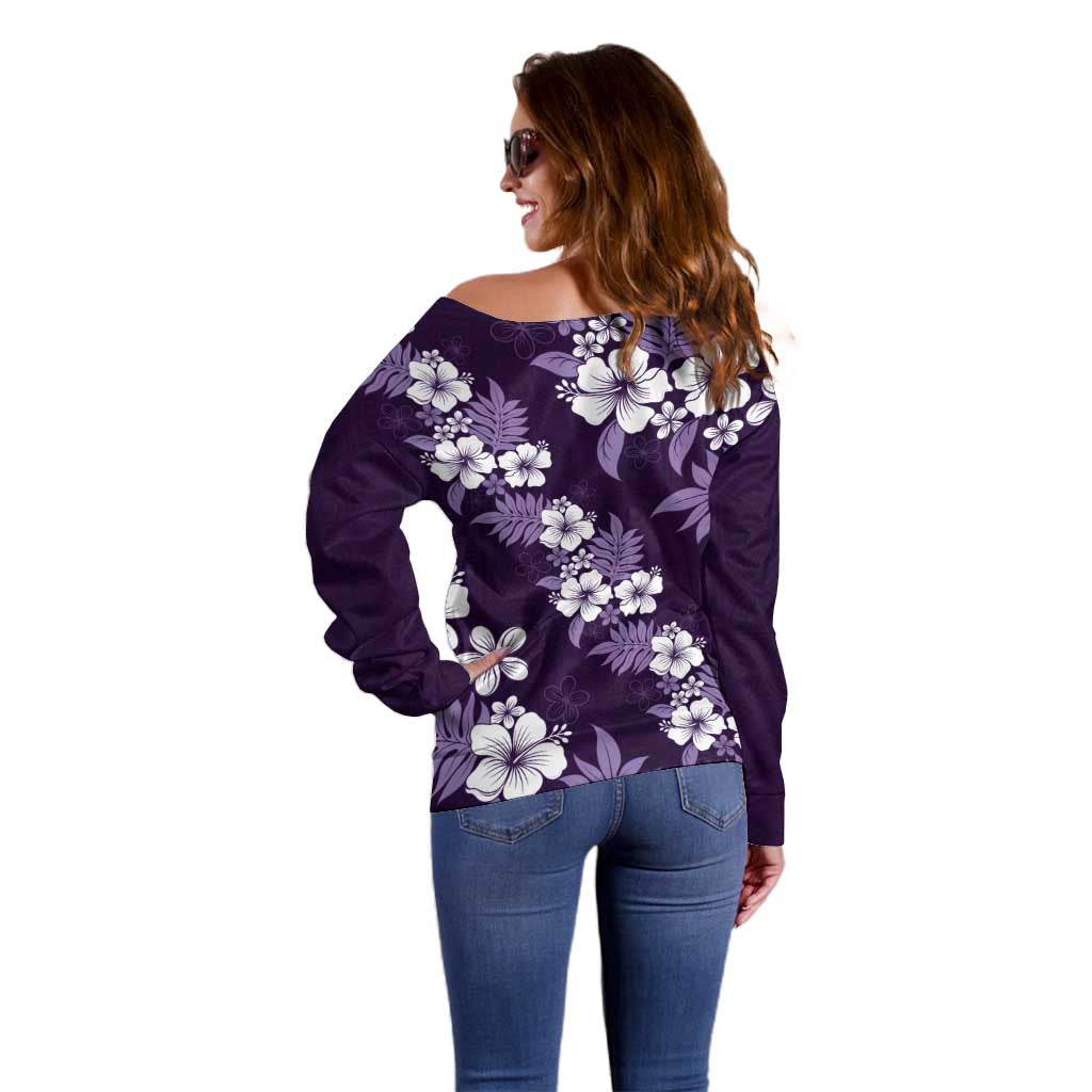 Hawaiian Hibiscus Tribal Floral Purple Off Shoulder Sweater Polynesian Tapa Pattern - Polynesian Pride