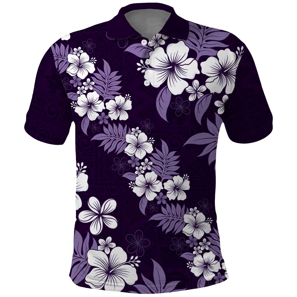 Hawaiian Hibiscus Tribal Floral Purple Polo Shirt Polynesian Tapa Pattern - Polynesian Pride