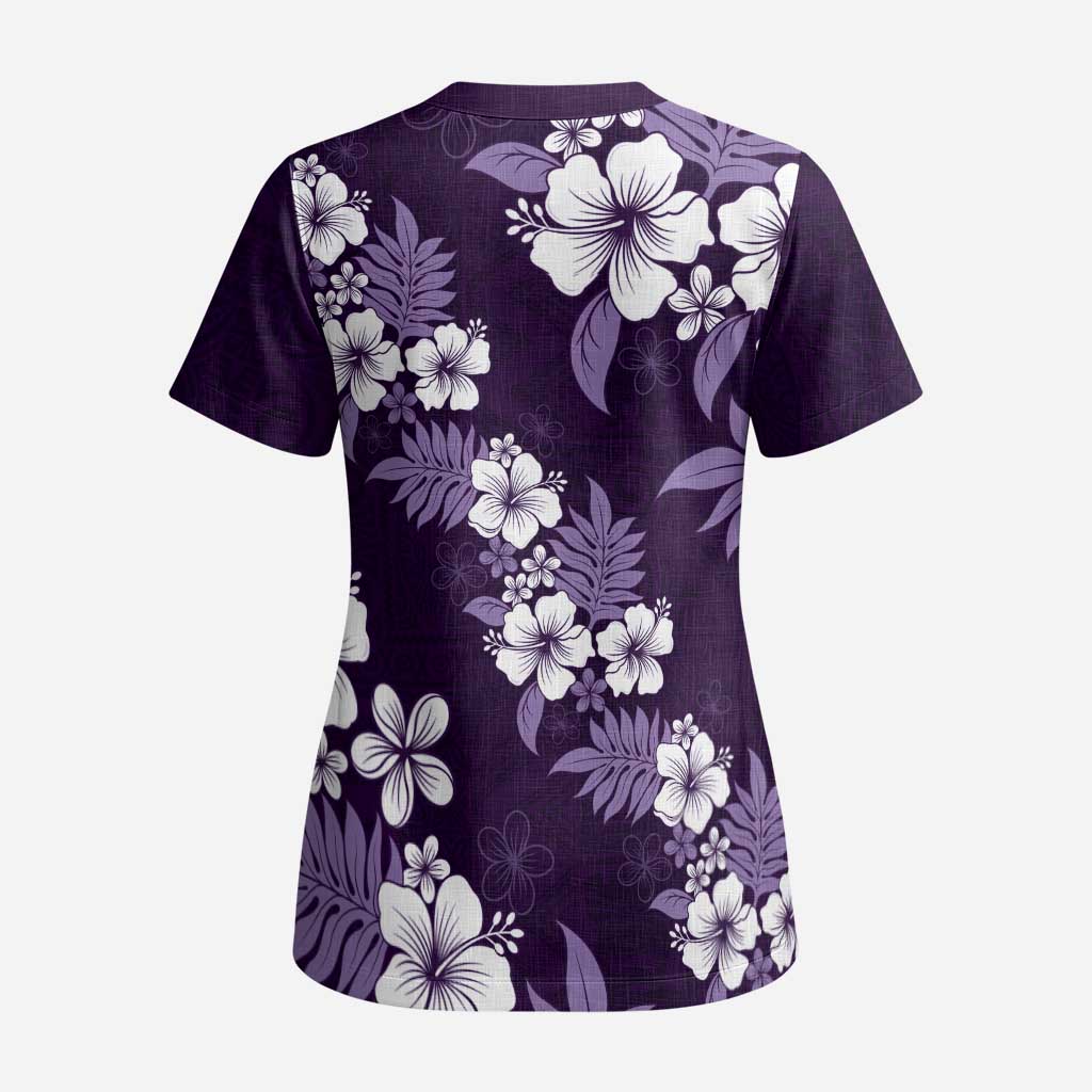 Hawaiian Hibiscus Tribal Floral Purple Scrub Top Polynesian Tapa Pattern - Polynesian Pride