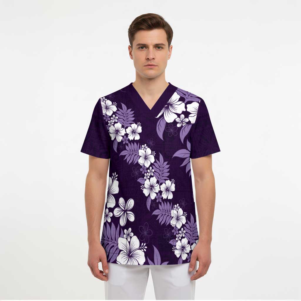 Hawaiian Hibiscus Tribal Floral Purple Scrub Top Polynesian Tapa Pattern - Polynesian Pride