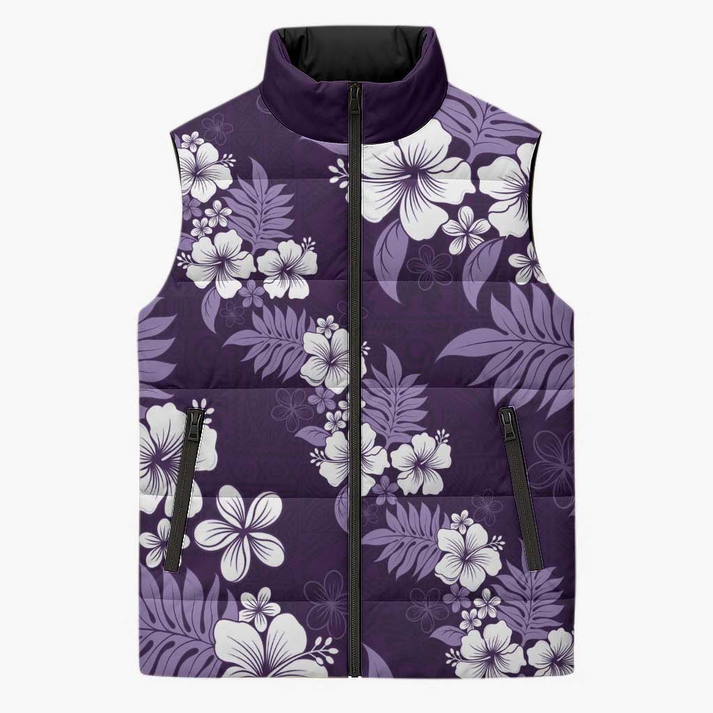 Hawaiian Hibiscus Tribal Floral Purple Sleeveless Puffer Jacket Polynesian Tapa Pattern LT01 Unisex Purple - Polynesian Pride