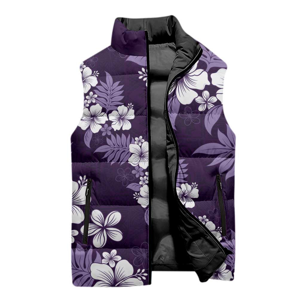 Hawaiian Hibiscus Tribal Floral Purple Sleeveless Puffer Jacket Polynesian Tapa Pattern - Polynesian Pride