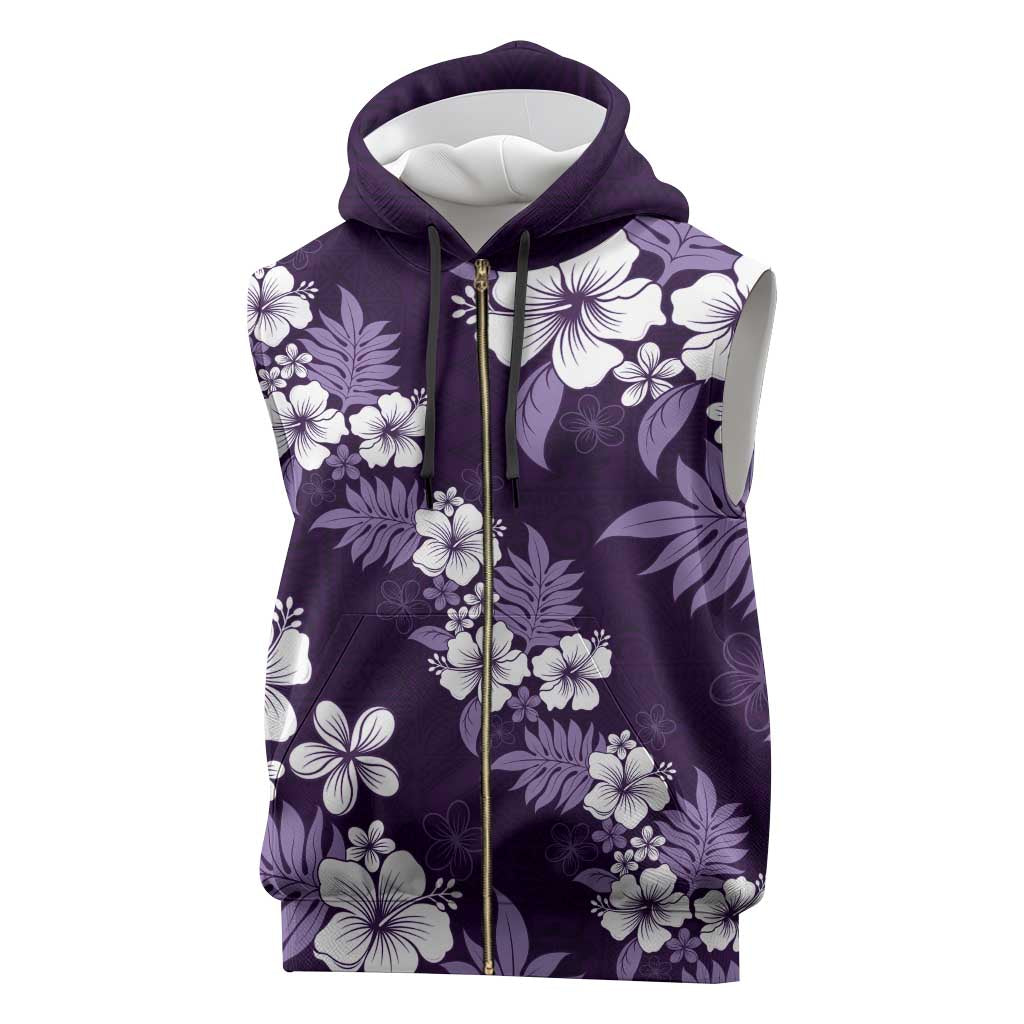 Hawaiian Hibiscus Tribal Floral Purple Sleeveless Zip Hoodie Polynesian Tapa Pattern - Polynesian Pride