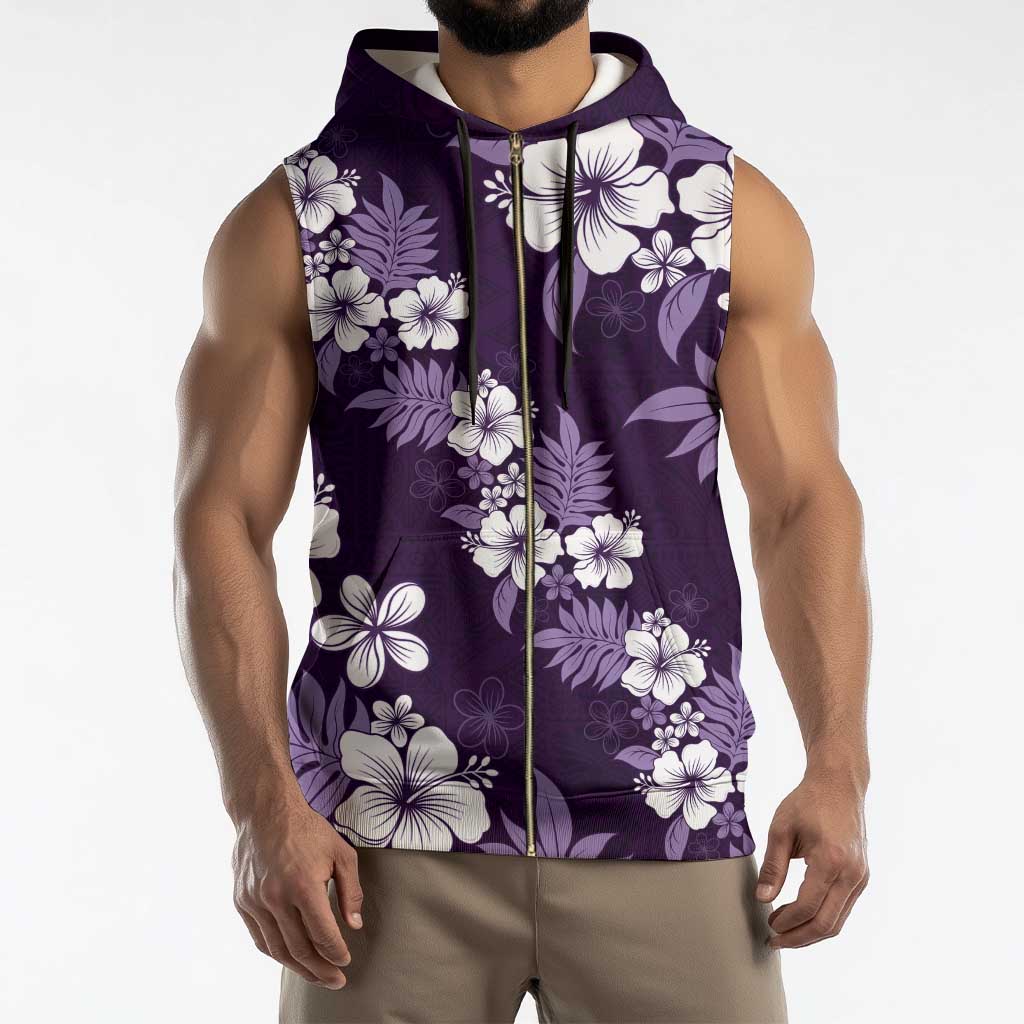 Hawaiian Hibiscus Tribal Floral Purple Sleeveless Zip Hoodie Polynesian Tapa Pattern - Polynesian Pride