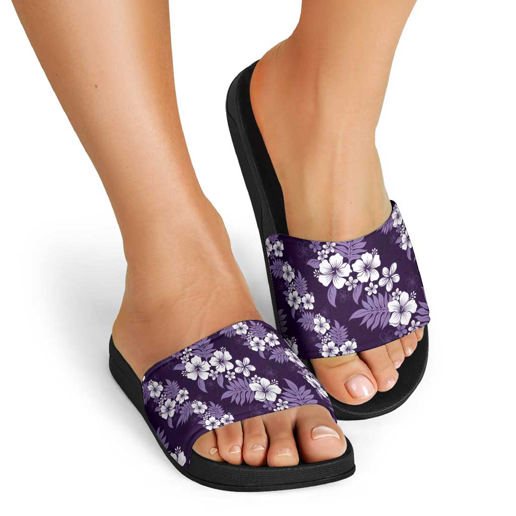 Hawaiian Hibiscus Tribal Floral Purple Slide Sandals Polynesian Tapa Pattern - Polynesian Pride