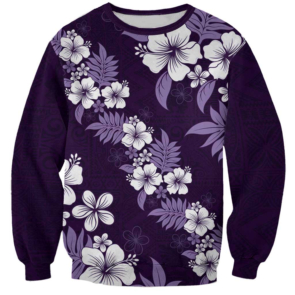 Hawaiian Hibiscus Tribal Floral Purple Sweatshirt Polynesian Tapa Pattern - Polynesian Pride