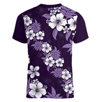 Hawaiian Hibiscus Tribal Floral Purple Women V-Neck T-Shirt Polynesian Tapa Pattern - Polynesian Pride