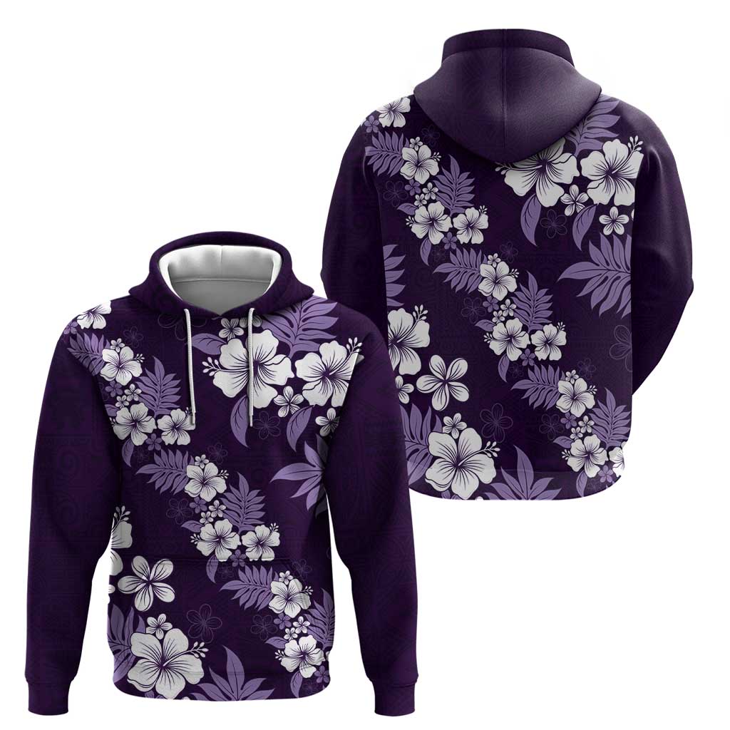 Hawaiian Hibiscus Tribal Floral Purple Zip Hoodie Polynesian Tapa Pattern - Polynesian Pride