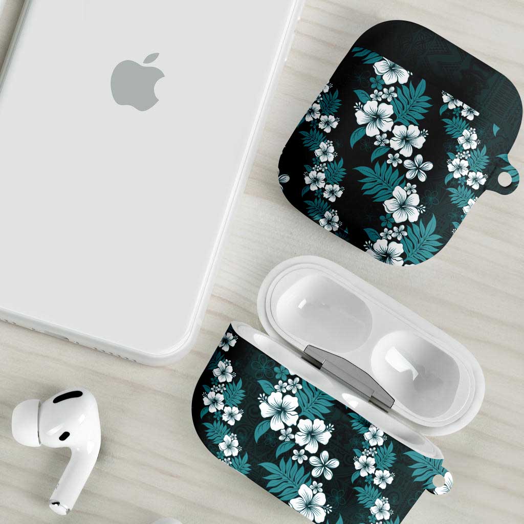 Hawaiian Hibiscus Tribal Floral Teal AirPods Case Polynesian Tapa Pattern - Polynesian Pride