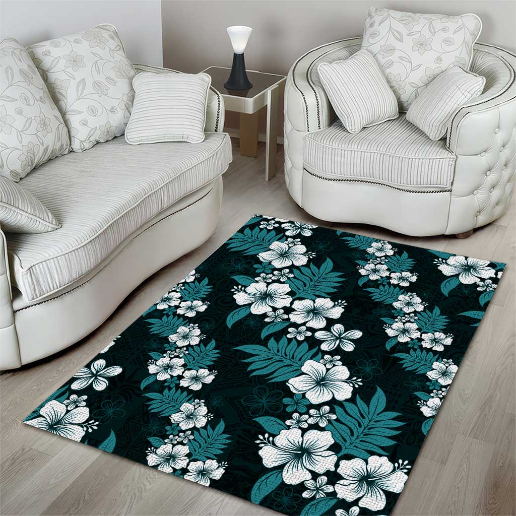 Hawaiian Hibiscus Tribal Floral Teal Area Rug Polynesian Tapa Pattern - Polynesian Pride