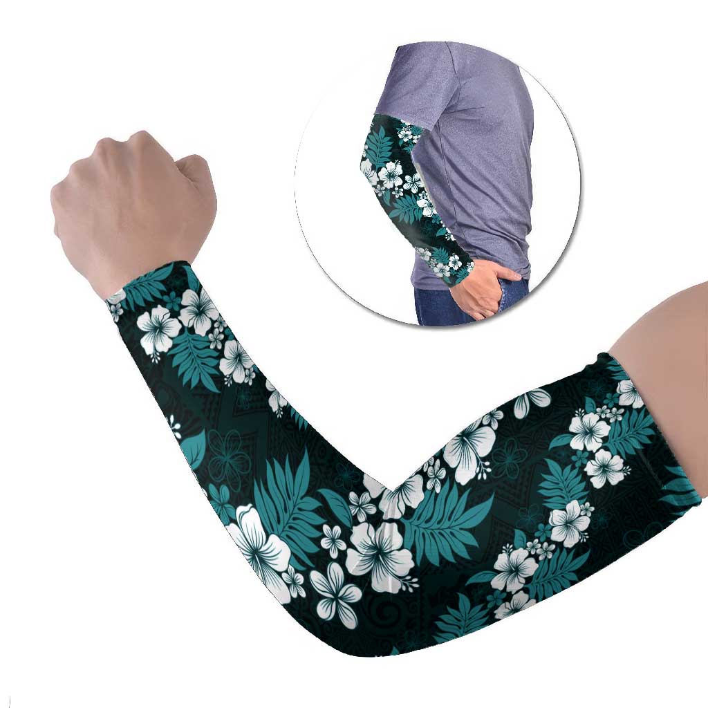 Hawaiian Hibiscus Tribal Floral Teal Arm Sleeves Polynesian Tapa Pattern LT01 Set of 2 Teal - Polynesian Pride