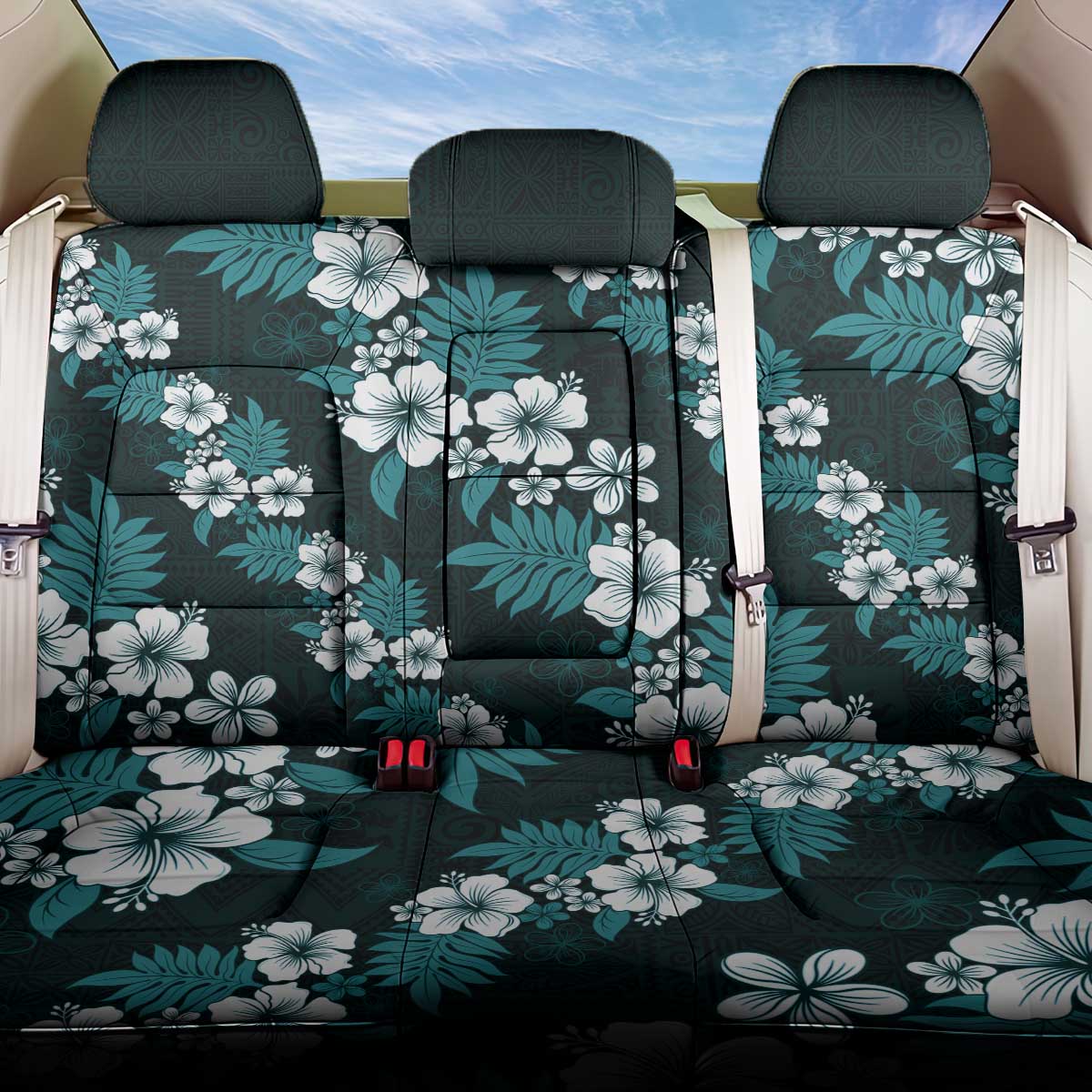 Hawaiian Hibiscus Tribal Floral Teal Back Car Seat Cover Polynesian Tapa Pattern - Polynesian Pride