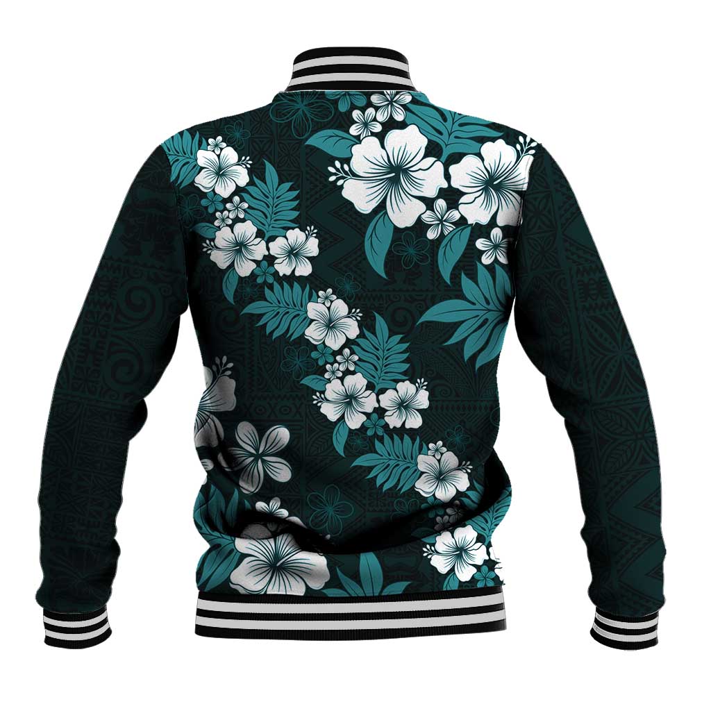 Hawaiian Hibiscus Tribal Floral Teal Baseball Jacket Polynesian Tapa Pattern - Polynesian Pride