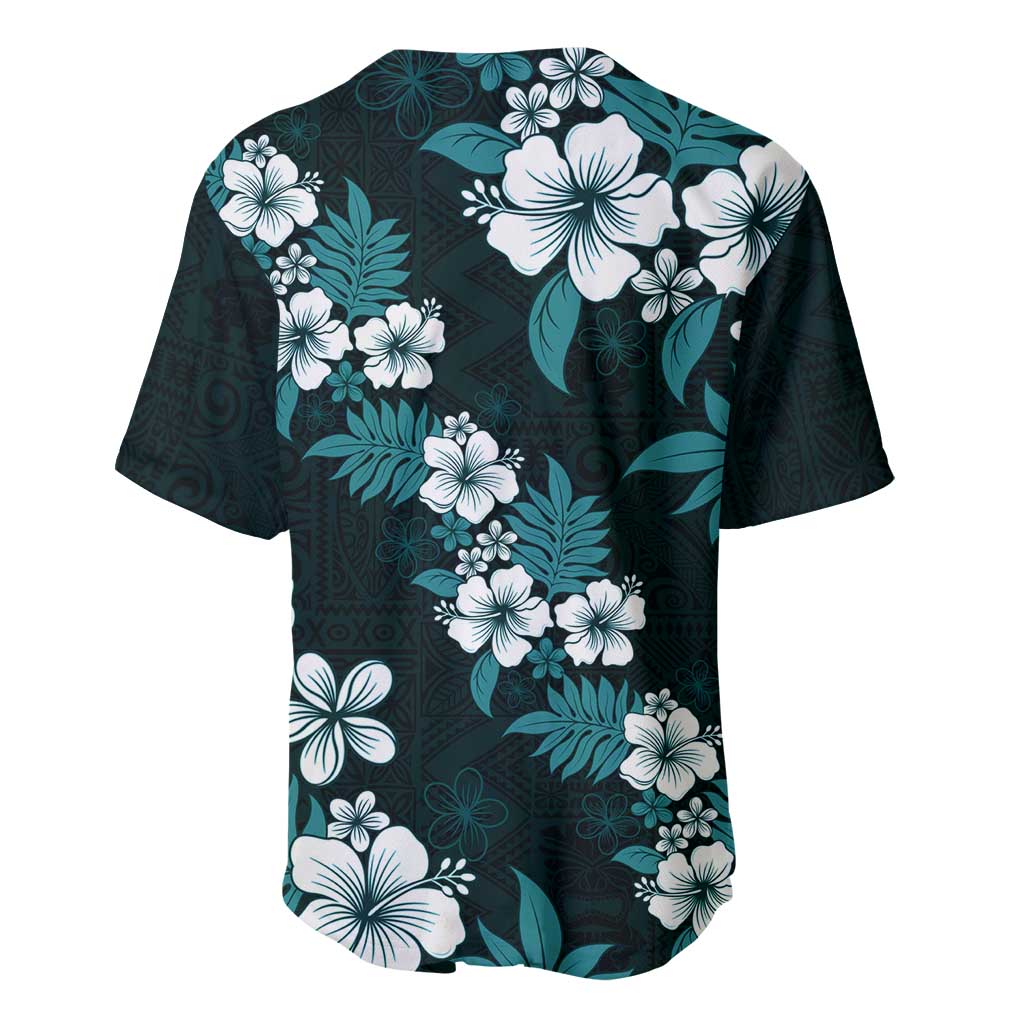 Hawaiian Hibiscus Tribal Floral Teal Baseball Jersey Polynesian Tapa Pattern - Polynesian Pride