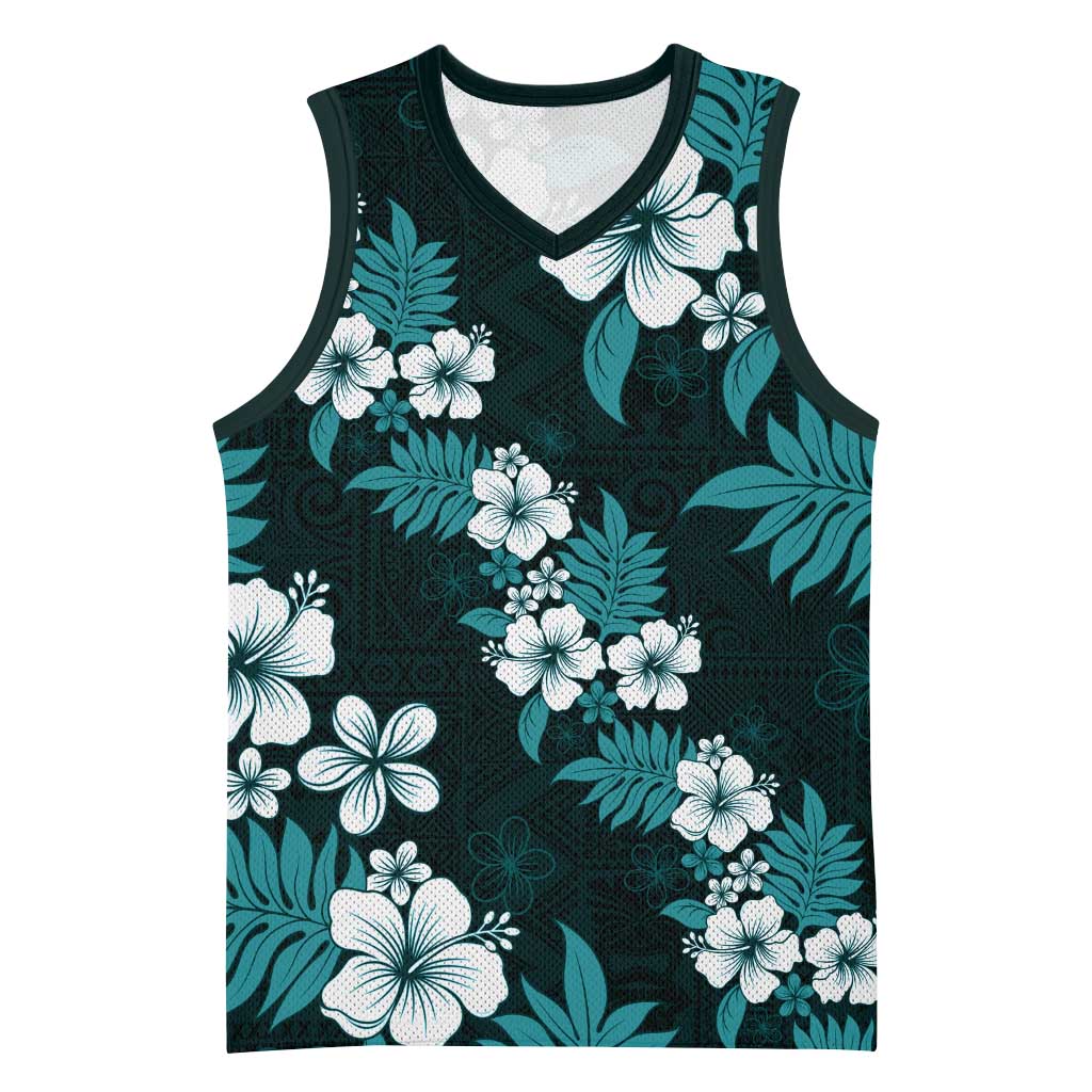 Hawaiian Hibiscus Tribal Floral Teal Basketball Jersey Polynesian Tapa Pattern LT01 Unisex Teal - Polynesian Pride