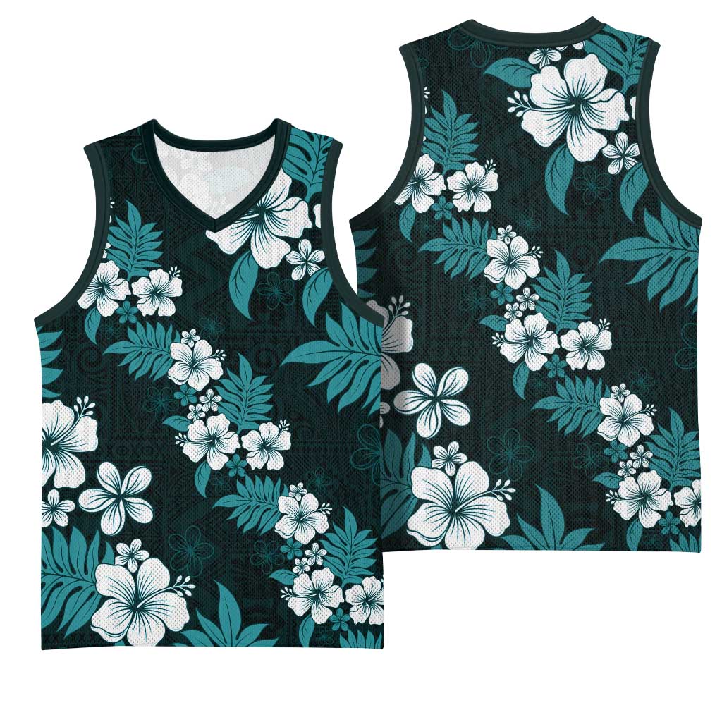 Hawaiian Hibiscus Tribal Floral Teal Basketball Jersey Polynesian Tapa Pattern LT01 - Polynesian Pride