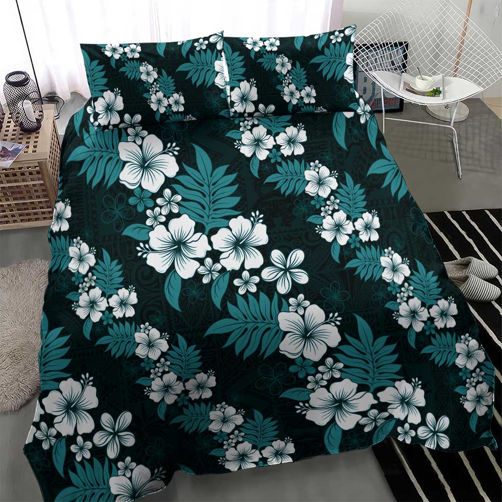 Hawaiian Hibiscus Tribal Floral Teal Bedding Set Polynesian Tapa Pattern - Polynesian Pride