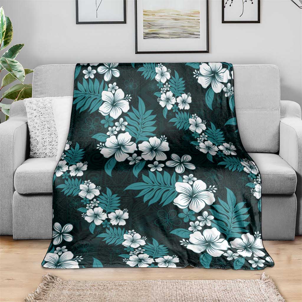 Hawaiian Hibiscus Tribal Floral Teal Blanket Polynesian Tapa Pattern - Polynesian Pride