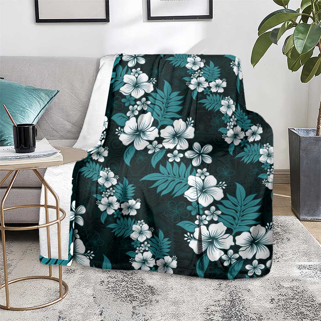 Hawaiian Hibiscus Tribal Floral Teal Blanket Polynesian Tapa Pattern - Polynesian Pride