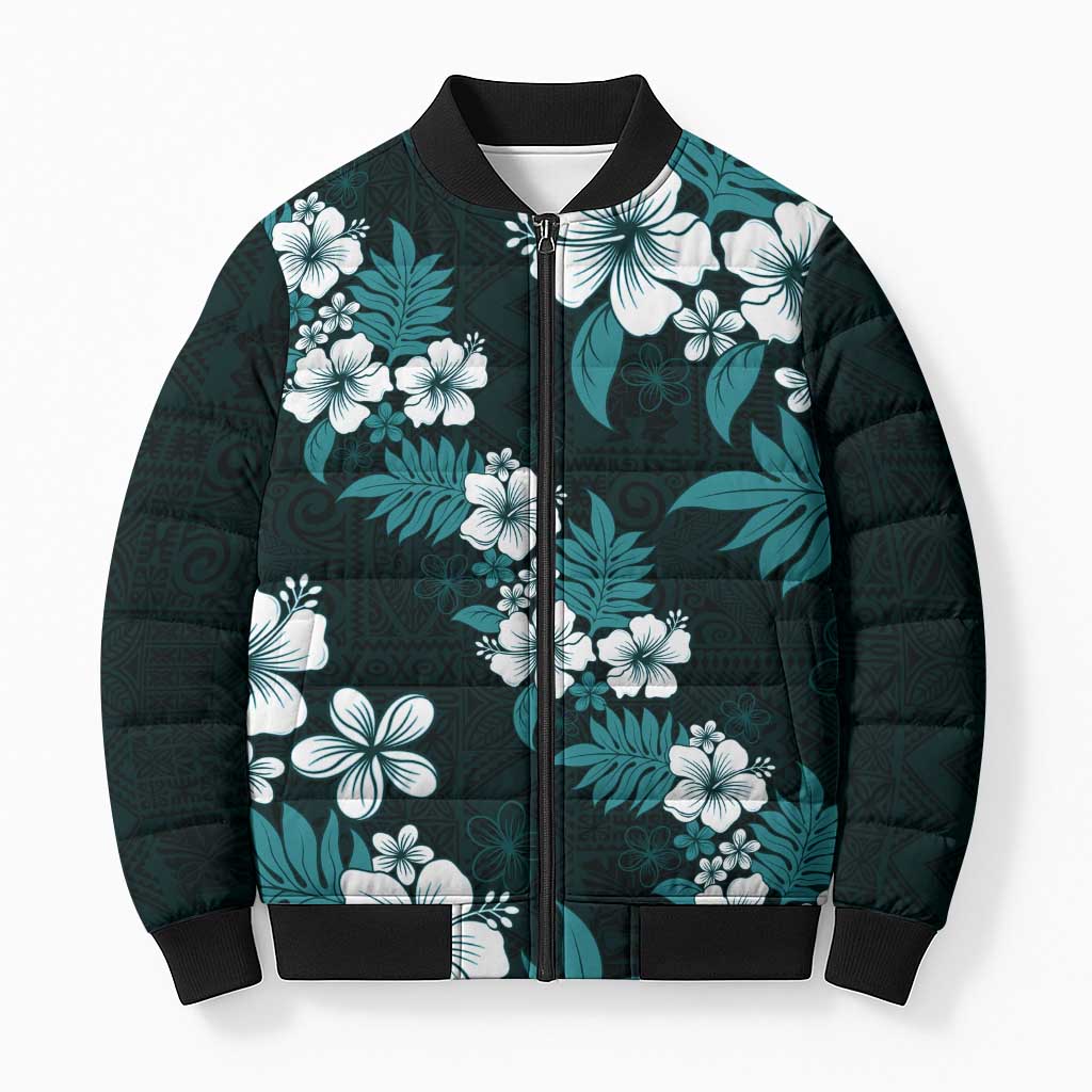 Hawaiian Hibiscus Tribal Floral Teal Bomber Puffer Jacket Polynesian Tapa Pattern LT01 Unisex Teal - Polynesian Pride