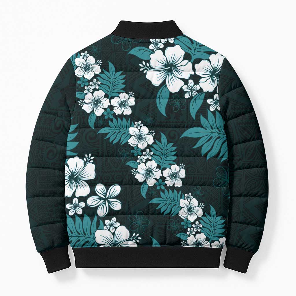 Hawaiian Hibiscus Tribal Floral Teal Bomber Puffer Jacket Polynesian Tapa Pattern LT01 - Polynesian Pride