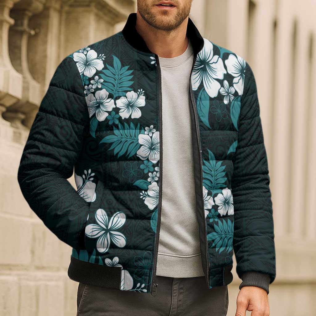 Hawaiian Hibiscus Tribal Floral Teal Bomber Puffer Jacket Polynesian Tapa Pattern LT01 - Polynesian Pride