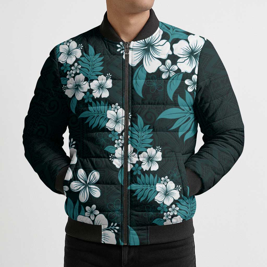 Hawaiian Hibiscus Tribal Floral Teal Bomber Puffer Jacket Polynesian Tapa Pattern LT01 - Polynesian Pride