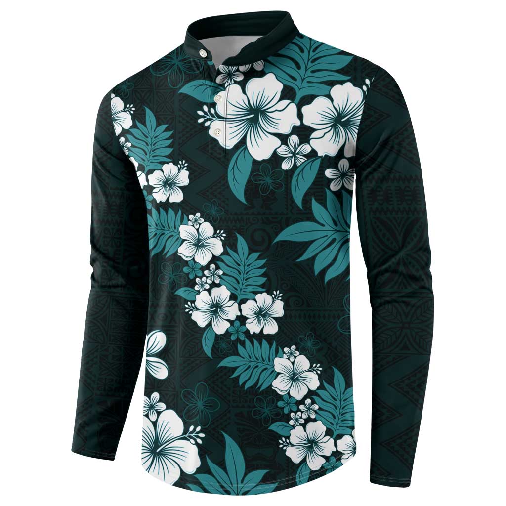 Hawaiian Hibiscus Tribal Floral Teal Button Sweatshirt Polynesian Tapa Pattern - Polynesian Pride