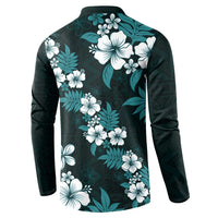 Hawaiian Hibiscus Tribal Floral Teal Button Sweatshirt Polynesian Tapa Pattern - Polynesian Pride