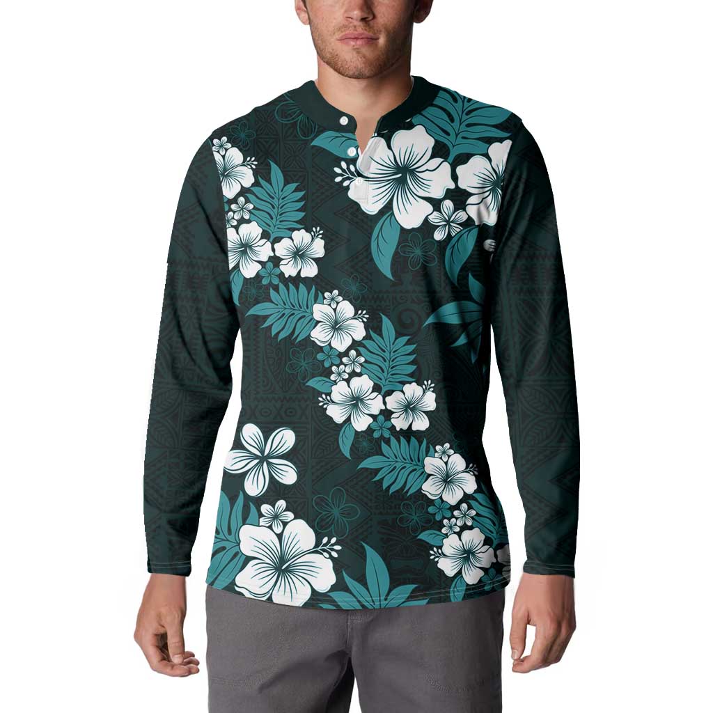 Hawaiian Hibiscus Tribal Floral Teal Button Sweatshirt Polynesian Tapa Pattern - Polynesian Pride