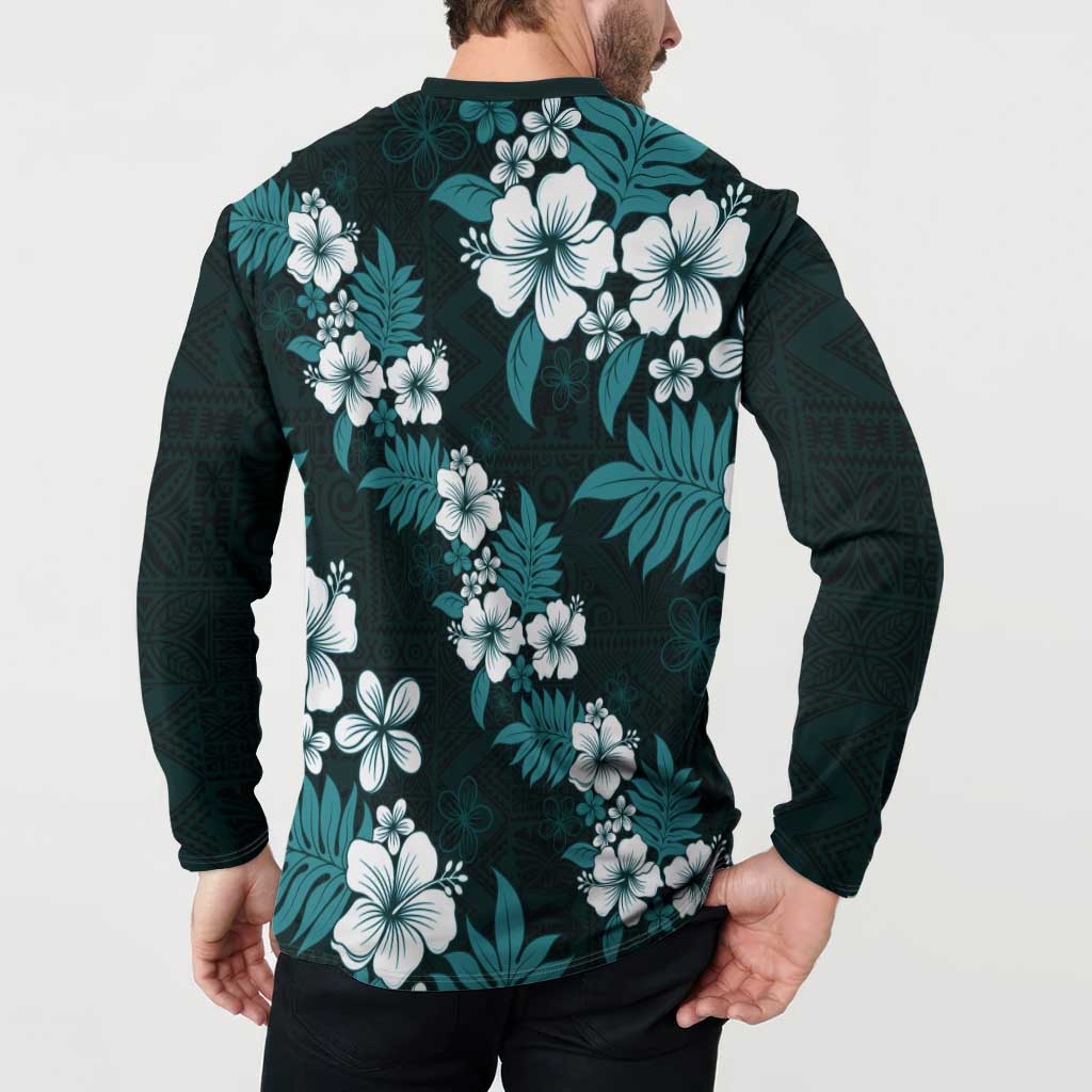 Hawaiian Hibiscus Tribal Floral Teal Button Sweatshirt Polynesian Tapa Pattern - Polynesian Pride