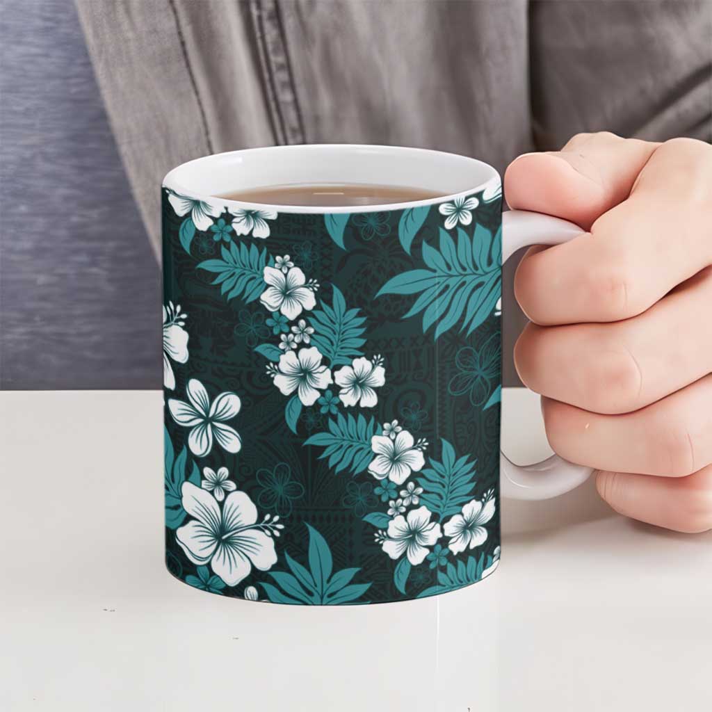 Hawaiian Hibiscus Tribal Floral Teal Ceramic Mug Polynesian Tapa Pattern - Polynesian Pride