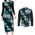 Hawaiian Hibiscus Tribal Floral Teal Couples Matching Long Sleeve Bodycon Dress and Long Sleeve Button Shirt Polynesian Tapa Pattern - Polynesian Pride