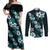 Hawaiian Hibiscus Tribal Floral Teal Couples Matching Off Shoulder Maxi Dress and Long Sleeve Button Shirt Polynesian Tapa Pattern - Polynesian Pride