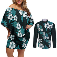 Hawaiian Hibiscus Tribal Floral Teal Couples Matching Off Shoulder Short Dress and Long Sleeve Button Shirt Polynesian Tapa Pattern - Polynesian Pride
