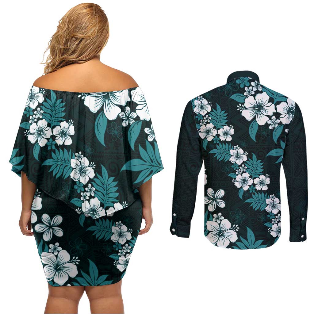 Hawaiian Hibiscus Tribal Floral Teal Couples Matching Off Shoulder Short Dress and Long Sleeve Button Shirt Polynesian Tapa Pattern - Polynesian Pride
