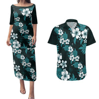 Hawaiian Hibiscus Tribal Floral Teal Couples Matching Puletasi and Hawaiian Shirt Polynesian Tapa Pattern - Polynesian Pride