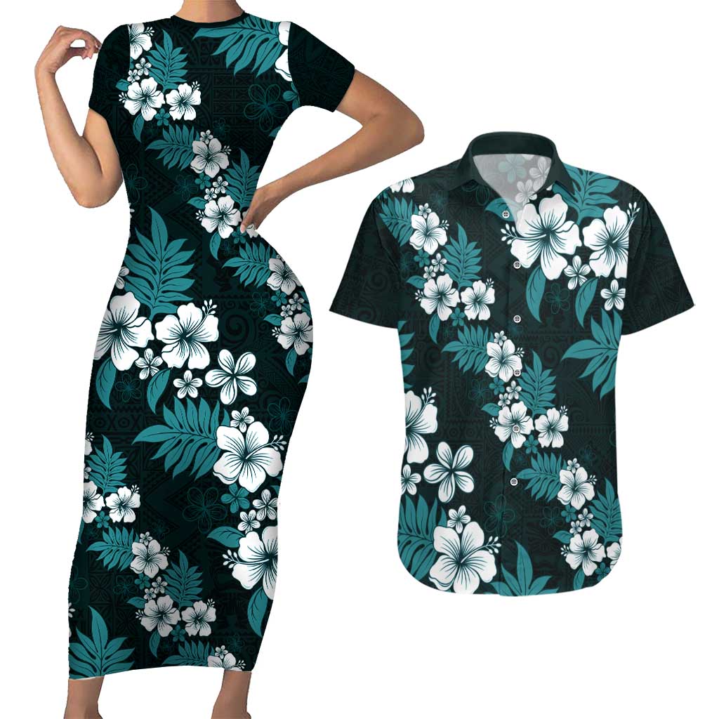 Hawaiian Hibiscus Tribal Floral Teal Couples Matching Short Sleeve Bodycon Dress and Hawaiian Shirt Polynesian Tapa Pattern - Polynesian Pride