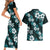Hawaiian Hibiscus Tribal Floral Teal Couples Matching Short Sleeve Bodycon Dress and Hawaiian Shirt Polynesian Tapa Pattern - Polynesian Pride