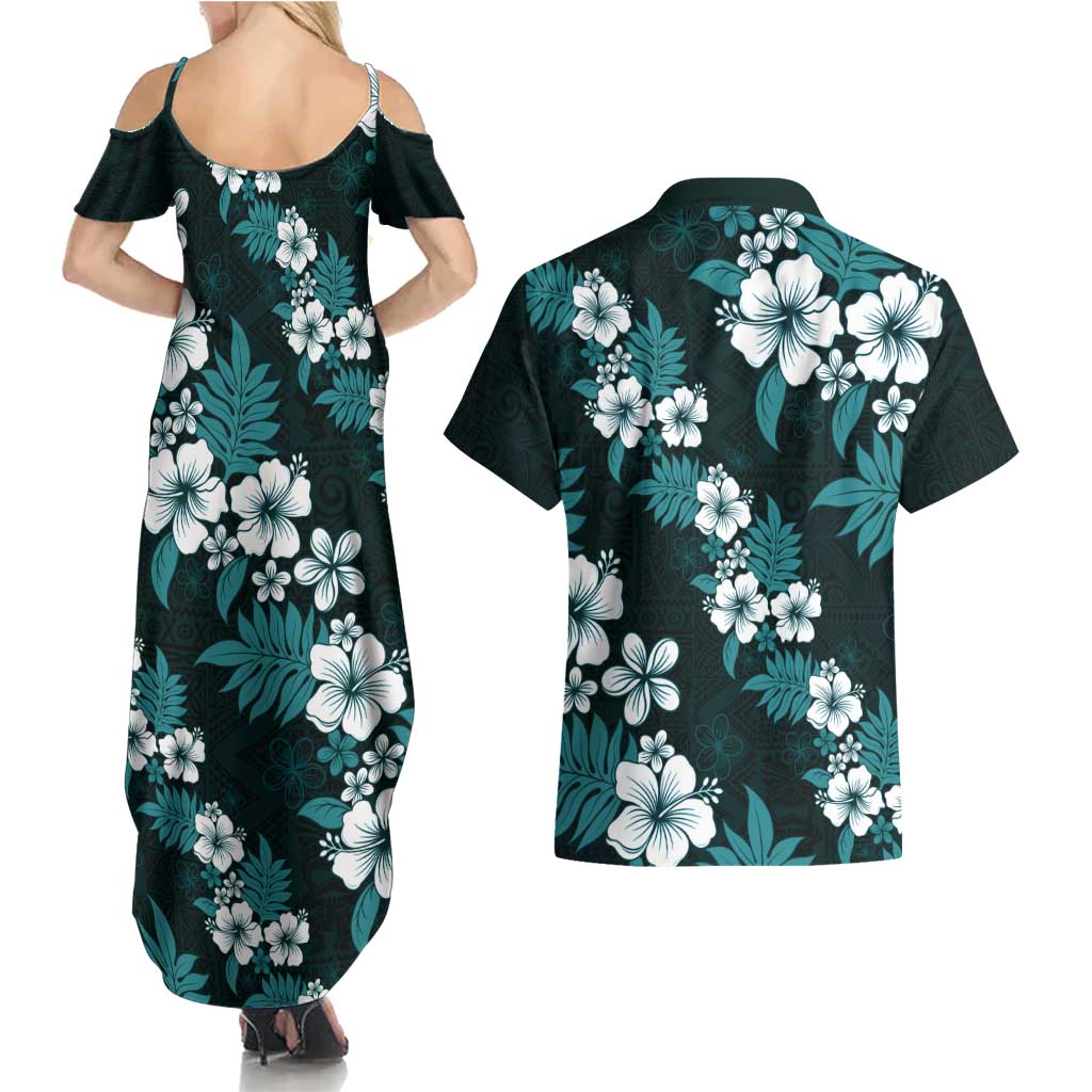 Hawaiian Hibiscus Tribal Floral Teal Couples Matching Summer Maxi Dress and Hawaiian Shirt Polynesian Tapa Pattern - Polynesian Pride