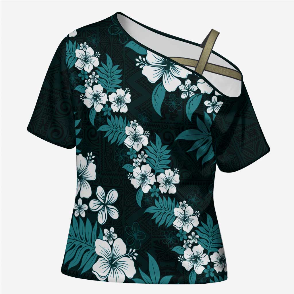 Hawaiian Hibiscus Tribal Floral Teal Cross Shoulder Shirt Polynesian Tapa Pattern LT01 Female Teal - Polynesian Pride