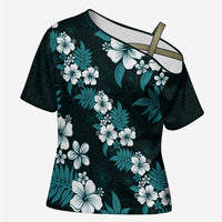 Hawaiian Hibiscus Tribal Floral Teal Cross Shoulder Shirt Polynesian Tapa Pattern LT01 Female Teal - Polynesian Pride