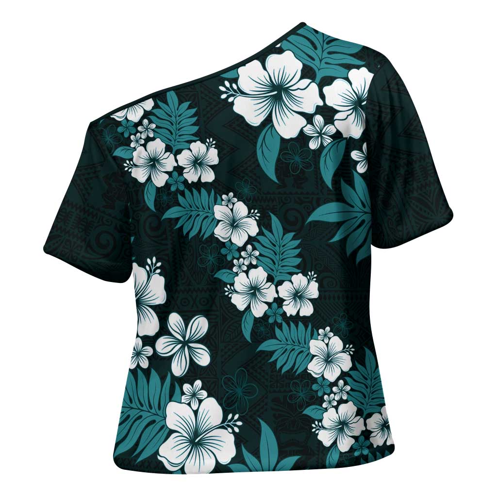 Hawaiian Hibiscus Tribal Floral Teal Cross Shoulder Shirt Polynesian Tapa Pattern LT01 - Polynesian Pride