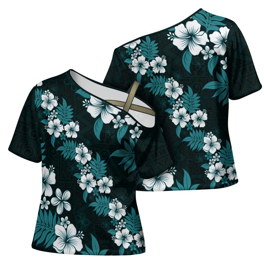 Hawaiian Hibiscus Tribal Floral Teal Cross Shoulder Shirt Polynesian Tapa Pattern LT01 - Polynesian Pride