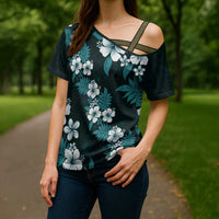 Hawaiian Hibiscus Tribal Floral Teal Cross Shoulder Shirt Polynesian Tapa Pattern LT01 - Polynesian Pride