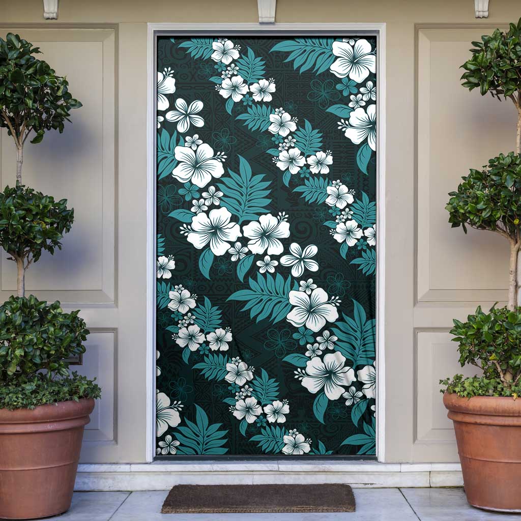 Hawaiian Hibiscus Tribal Floral Teal Door Cover Polynesian Tapa Pattern - Polynesian Pride