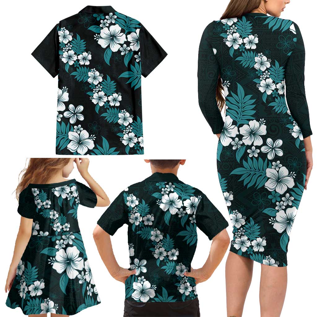 Hawaiian Hibiscus Tribal Floral Teal Family Matching Long Sleeve Bodycon Dress and Hawaiian Shirt Polynesian Tapa Pattern - Polynesian Pride