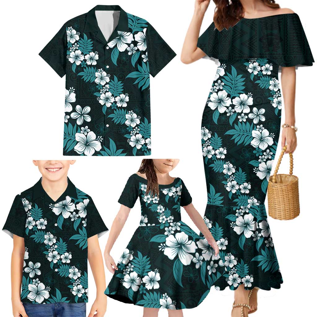 Hawaiian Hibiscus Tribal Floral Teal Family Matching Mermaid Dress and Hawaiian Shirt Polynesian Tapa Pattern - Polynesian Pride