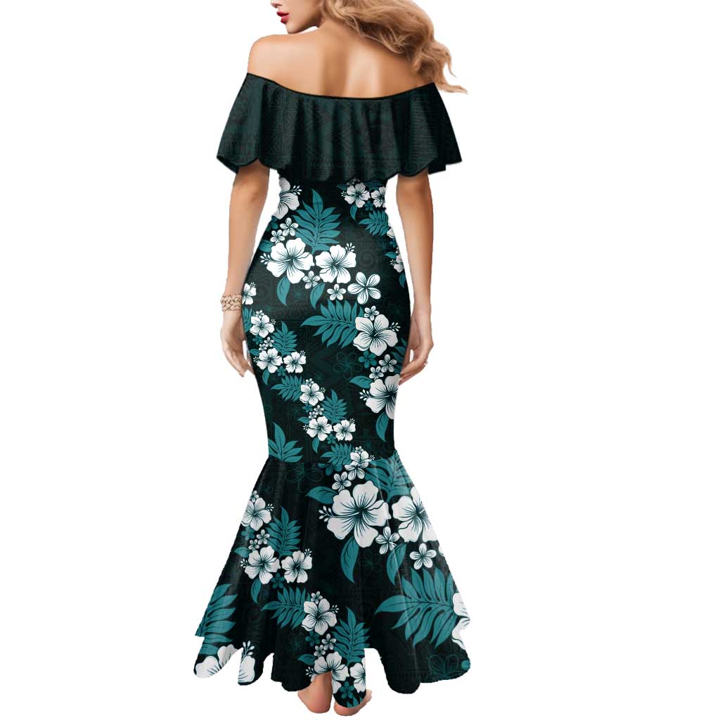 Hawaiian Hibiscus Tribal Floral Teal Family Matching Mermaid Dress and Hawaiian Shirt Polynesian Tapa Pattern - Polynesian Pride